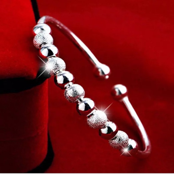Silver Beaded Bangle Bracelet Adjustable Loose Fit Elegant Dainty Bracelets - Picture 7 of 16